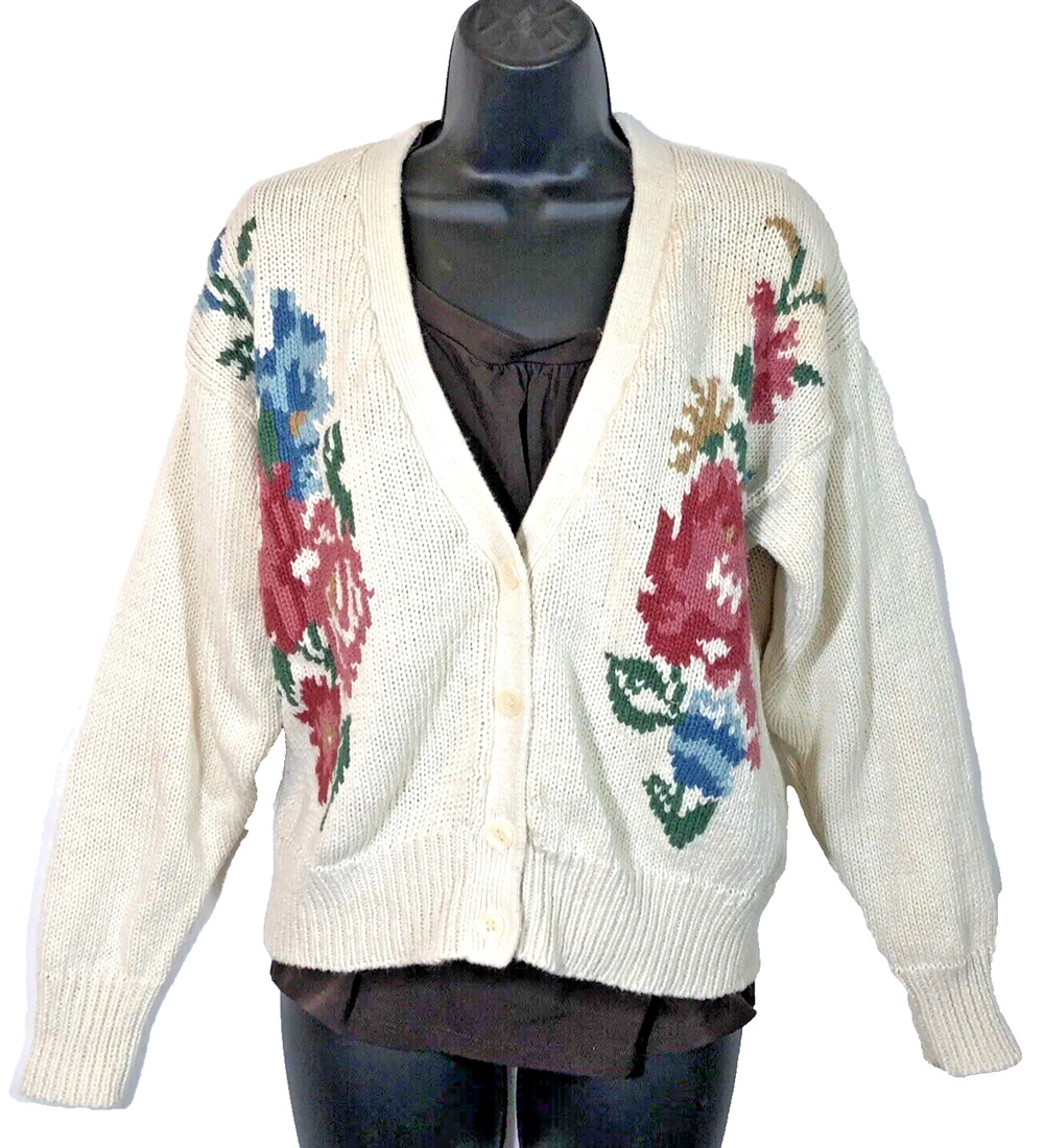White Knit Floral Cardigan V-Neck Flower Sweater Bold Vintage Small Retro